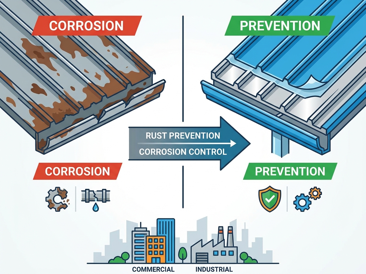 Pr&eacute;vention de la rouille et contr&ocirc;le de la corrosion des toitures m&eacute;talliques pour b&acirc;timents commerciaux et industriels