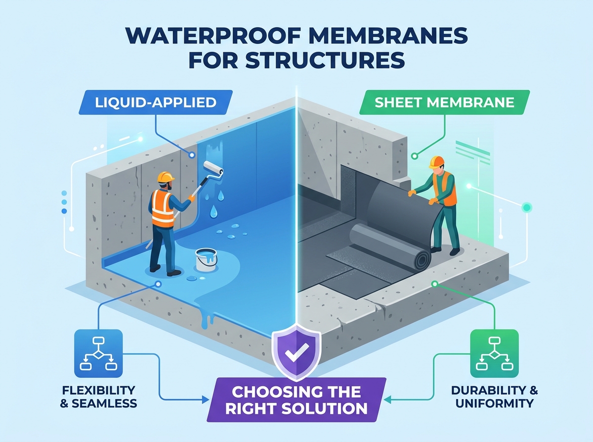 Pose de membranes imperm&eacute;ables pour structures sur fondation en b&eacute;ton