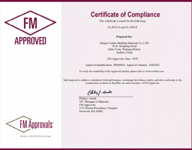 CANLON International |Les membranes CL-PVC/CL-TPO sont approuvées par US FM